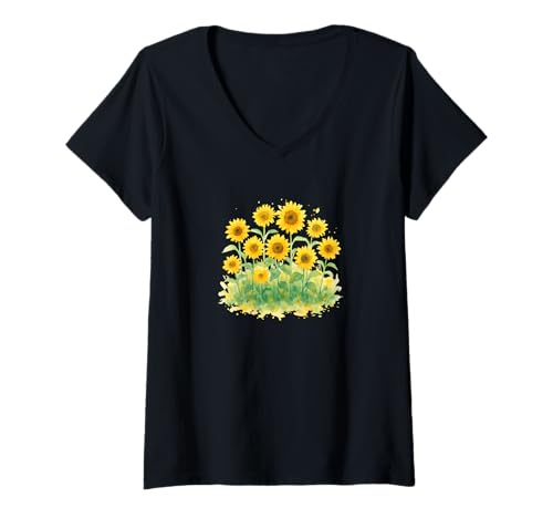 Damen Sonnenblumen Aquarell T-Shirt mit V-Ausschnitt Damen Sonnenblumen Aquarell T-Shirt mit V-Ausschnitt von Lichtwarm Design