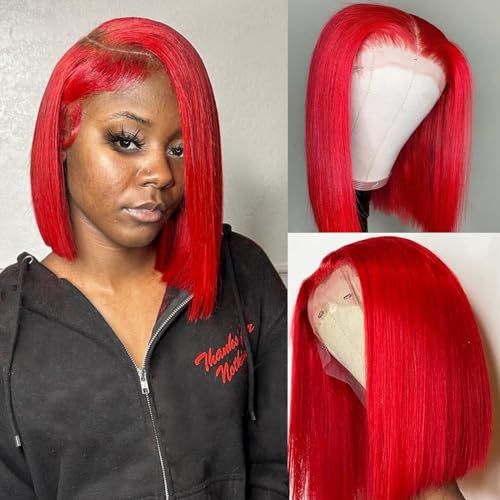 Licoville Kurze Bob-Perücke aus rotem Echthaar, für Damen, 13 x 4 Hd transparent, rote Bob-Perücke, vorgeflockt, 180 % Dichte, stumpfer Schnitt, ohne Licoville Kurze Bob-Perücke aus rotem Echthaar, für Damen, 13 x 4 Hd transparent, rote Bob-Perücke, vorgeflockt, 180 % Dichte, stumpfer Schnitt, ohne von Licoville