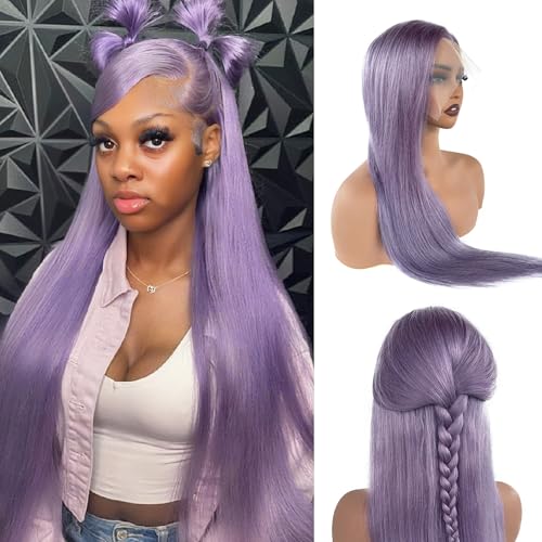 Lilafarbene Echthaar-Perücke für Damen, HD, transparent, klebstofffrei, 33 x 10 cm, bunt, violett, Lace-Front-Perücke, Echthaar, vorgezupfte Bleichknoten, 66 cm, 150 % Dichte, volle glatte Lilafarbene Echthaar-Perücke für Damen, HD, transparent, klebstofffrei, 33 x 10 cm, bunt, violett, Lace-Front-Perücke, Echthaar, vorgezupfte Bleichknoten, 66 cm, 150 % Dichte, volle glatte von Licoville