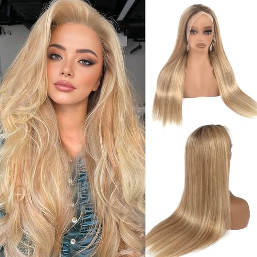 Ombre Blonde Lace-Front-Perücke für Damen, glatt, Balayage, Blond, Echthaar-Perücke, Goldbraun und Blond, 33 x 15 cm, HD-Lace-Front, Echthaar, hervorgehoben, klebstofffrei, 71,1 cm, 180 % Dichte Ombre Blonde Lace-Front-Perücke für Damen, glatt, Balayage, Blond, Echthaar-Perücke, Goldbraun und Blond, 33 x 15 cm, HD-Lace-Front, Echthaar, hervorgehoben, klebstofffrei, 71,1 cm, 180 % Dichte von Licoville