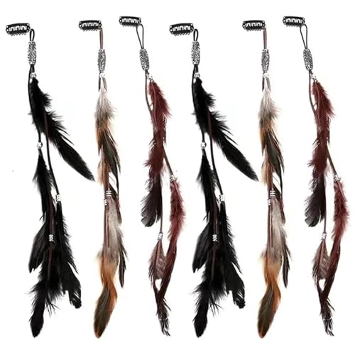 6 Stück Haarfedern zum Anklipsen 14 Zoll Haarfedern-Extensions mit geflochtenen Perlen für Damen Cosplay-Kostüm Sommer von Licsaliwe