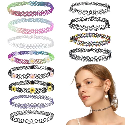 Choker-Halskette für Damen 12-teilig verschiedene Farben und Stile elastische Choker-Halskette Gothic- und Vintage-Stil gewebter Schmuck für Partys von Licsaliwe