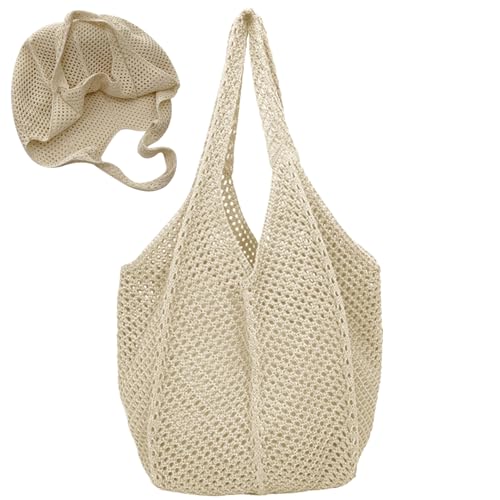 Gehäkelte Strandtasche handgemachte Strandtasche Netz-Häkeltasche geräumige gewebte ästhetische Schultertasche für den Sommerurlaub Shopping Beige von Licsaliwe