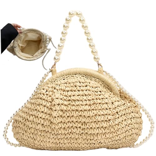 Licsaliwe Stroh-Geldbörse Cloud-Dumpling-Tasche elegante gewebte Geldbörse mit Perlengriff und Schultergurt Handtasche Umhängetaschen für Damen Sommer Strand Reisen Dating Beige von Licsaliwe