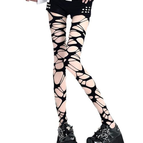 Licsaliwe Zerrissene Strumpfhose dehnbare stylische geschlitzte Leggings mit ausgehöhltem Design bequeme geschlitzte zerfetzte Gothic-Strumpfware für Treffpunkte Zuhause Club Party Schwarz von Licsaliwe