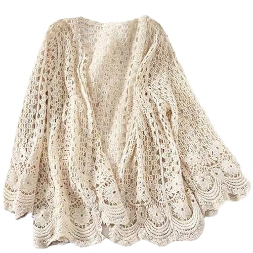 Sommer-Cardigans für Damen Baumwolle cremeweiß langärmelig ausgehöhlt Häkel-Cardigans Boho-Blumenmuster Frühling atmungsaktiv Spitze Häkel-Strick-Kimono- durchschnittliche Größe von Licsaliwe