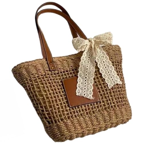 Stroh-Strandtasche für Damen rustikale böhmische Hohle gewebte Tasche mit Schleife und Reißverschluss großes Fassungsvermögen vielseitig verwendbar Sommer-Schultertasche Geschenk (Beige) von Licsaliwe
