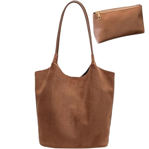 Wildledertaschen für Damen Wildleder-Tragetasche mit großem Fassungsvermögen Vintage-Trend-Wildleder-Umhängetasche mit integrierter kleiner Tasche -Geldbörse für Arbeit Reisen Einkaufen Braun von Licsaliwe