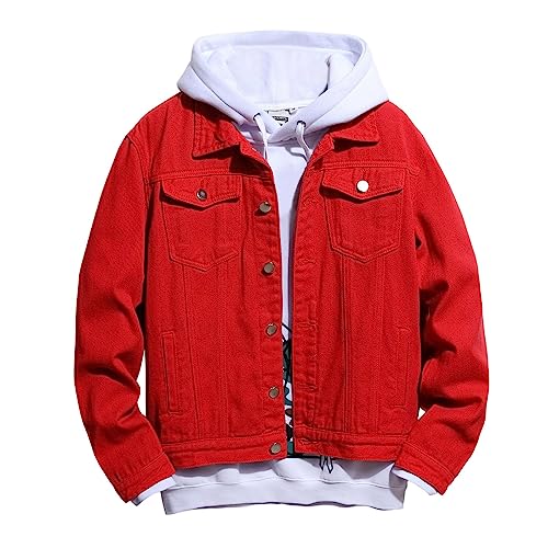 Jeansjacke Herren Freizeitjacke Cargo Jacke Frühjahr und Herbst Mode Freizeit Einfarbig Schnalle Denim Jcket Übergangsjacken Outdoor Jacken Für Wanderjacke (A10-Rot, M) von Lidssacde