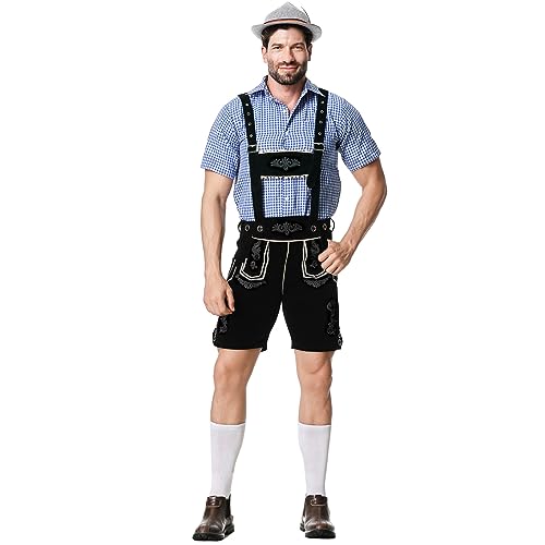 Lederhose Herren Set in Schwarz - Abgerundet mit Blauem Kariertem Hemd & Modischem Hut - Ein Must-Have für Jedes Oktoberfest & Bayrische Zusammenkünfte (Schwarz, M) von Lidssacde