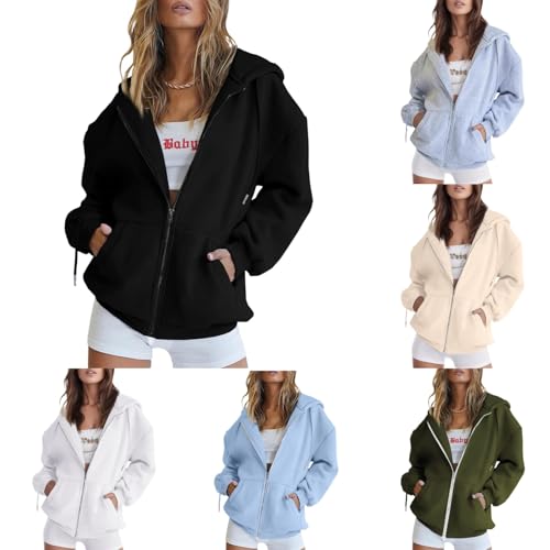 Lidssacde Black Friday Angebote， Sweatjacke Damen mit Reißverschluss Kapuzenpullover Oversize Zipper Hoodie mit Kapuze Sweatjacke Lang Pullover Kapuzenjacke Schwarz Trainingsjacke Sport Sweatshirt von Lidssacde
