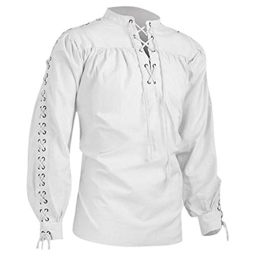 Lidssacde Herren Mittelalter Hemd Gothic Freizeithemd Stehkragen Oberteile Elegant Hemden Steampunk Cosplay Schnürhemd Vintage Langarm-Hemd(Weiß,5XL) von Lidssacde