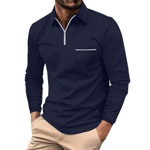 Lidssacde Polo Shirt Herren Langarmshirt mit Tasche Freizeithemd Einfarbig Basic Shirt Halber Reißverschluss Langarm Hemd Regular Fit Trachtenmode Atmungsaktiv Businesshemd (01-Marine, L) von Lidssacde