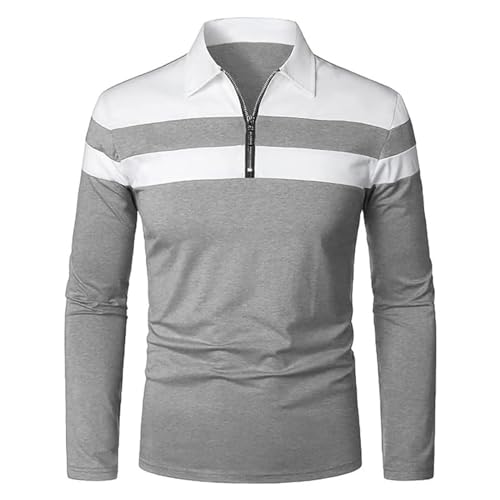 Polo Shirt Herren Langarmshirt mit Tasche Freizeithemd Einfarbig Basic Shirt Halber Reißverschluss Langarm Hemd Regular Fit Trachtenmode Atmungsaktiv Businesshemd (03-Grey, L) von Lidssacde