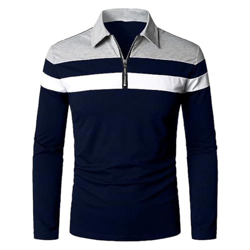 Polo Shirt Herren Langarmshirt mit Tasche Freizeithemd Einfarbig Basic Shirt Halber Reißverschluss Langarm Hemd Regular Fit Trachtenmode Atmungsaktiv Businesshemd (03-Navy, M) von Lidssacde