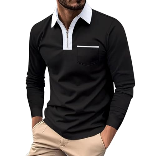 Polo Shirt Herren Langarmshirt mit Tasche Freizeithemd Einfarbig Basic Shirt Halber Reißverschluss Langarm Hemd Regular Fit Trachtenmode Atmungsaktiv Businesshemd (BK1, S) von Lidssacde