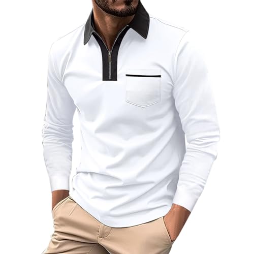 Polo Shirt Herren Langarmshirt mit Tasche Freizeithemd Einfarbig Basic Shirt Halber Reißverschluss Langarm Hemd Regular Fit Trachtenmode Atmungsaktiv Businesshemd (BK2, L) von Lidssacde
