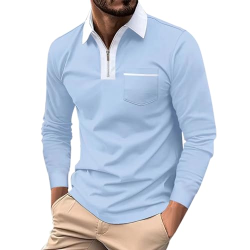 Polo Shirt Herren Langarmshirt mit Tasche Freizeithemd Einfarbig Basic Shirt Halber Reißverschluss Langarm Hemd Regular Fit Trachtenmode Atmungsaktiv Businesshemd (Blau, M) von Lidssacde