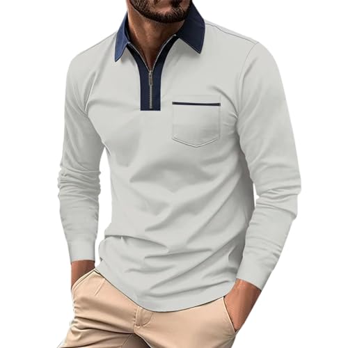 Polo Shirt Herren Langarmshirt mit Tasche Freizeithemd Einfarbig Basic Shirt Halber Reißverschluss Langarm Hemd Regular Fit Trachtenmode Atmungsaktiv Businesshemd (NY1, XXL) von Lidssacde