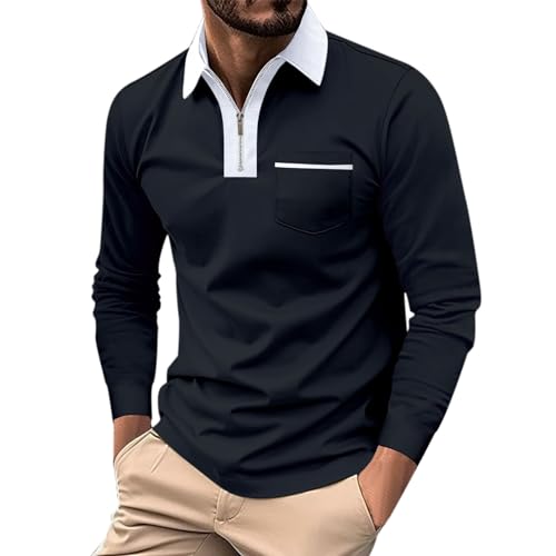 Polo Shirt Herren Langarmshirt mit Tasche Freizeithemd Einfarbig Basic Shirt Halber Reißverschluss Langarm Hemd Regular Fit Trachtenmode Atmungsaktiv Businesshemd (NY2, XL) von Lidssacde