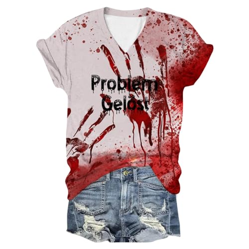 Problem Gelöst Shirt Damen - Halloween Kostüm Gruselig V-Ausschnitt Kurzarm Blutspritzer Muster Oberteile Hässliche Tshirts Blutig Bedruckte T-Shirts Horror T Shirts S-5XL von Lidssacde