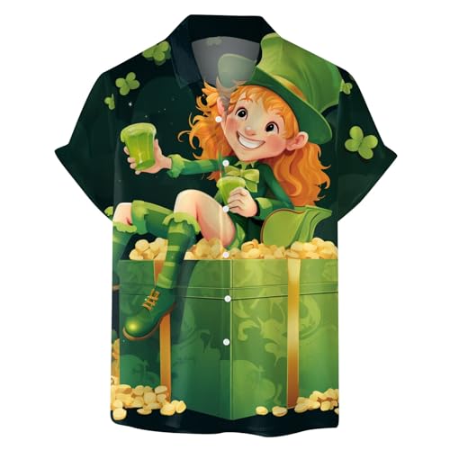 St. Patricks Day Shirt Herren, Herren 3D-Digitaldruck Irish Grün Kurzarm Button Down Hemd Top Traditionellen T-Shirt Leprechaun Kostüm T-Shirts von Lidssacde