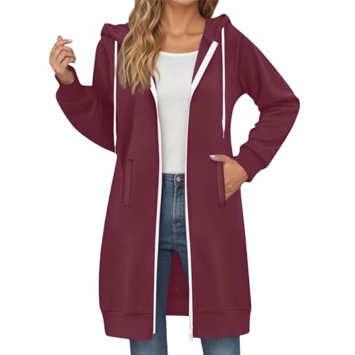 Sweatjacke Damen Lang mit Kapuze - Mäntel für Damen Reißverschluss Große Größen Herbstjacke Kapuzenjacke Dünne Winterjacke Zip Hoodie Oversize Strickjacke Wandern Activewear Laufjacke Übergangsjacke von Lidssacde