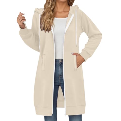 Sweatjacke Damen Lang mit Kapuze - Mäntel für Damen Reißverschluss Große Größen Herbstjacke Kapuzenjacke Dünne Winterjacke Zip Hoodie Oversize Strickjacke Wandern Activewear Laufjacke Übergangsjacke von Lidssacde