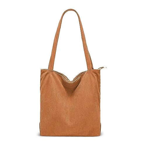 Lidxfeo Cord Tasche Damen, Wiederverwendbare Shopper Umhängetasche, Große Kapazität Tote Bag Aesthetic, Schultertaschen mit Reißverschluss und Innentasche, für Arbeit Einkaufen Schule Usw (Brown) von Lidxfeo