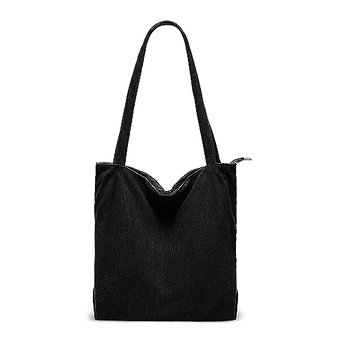 Lidxfeo Cord Tasche Damen, Wiederverwendbare Shopper Umhängetasche, Große Kapazität Tote Bag Aesthetic, Schultertaschen mit Reißverschluss und Innentasche, für Arbeit Einkaufen Schule Usw (Black) von Lidxfeo