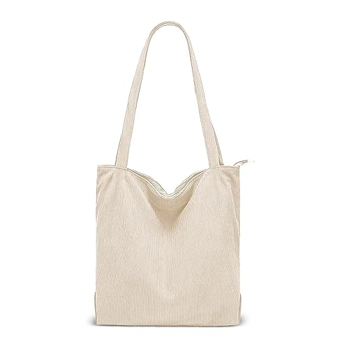 Lidxfeo Cord Tasche Damen, Wiederverwendbare Shopper Umhängetasche, Große Kapazität Tote Bag Aesthetic, Schultertaschen mit Reißverschluss und Innentasche, für Arbeit Einkaufen Schule Usw (Beige) von Lidxfeo