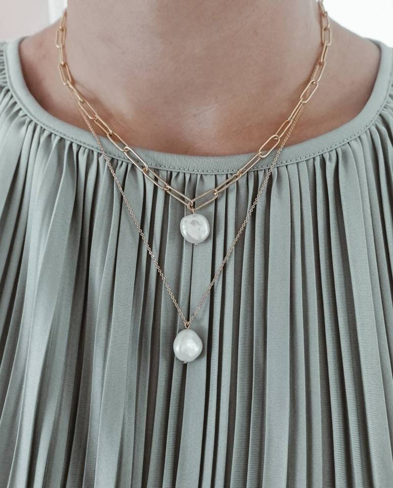 2 Halsketten Set, Große Perlen Gold Glieder Halskette, Barocke Süßwasser Perle, Büroklammer Kette, Chunky Layering, Papier Clip von Liebeliin