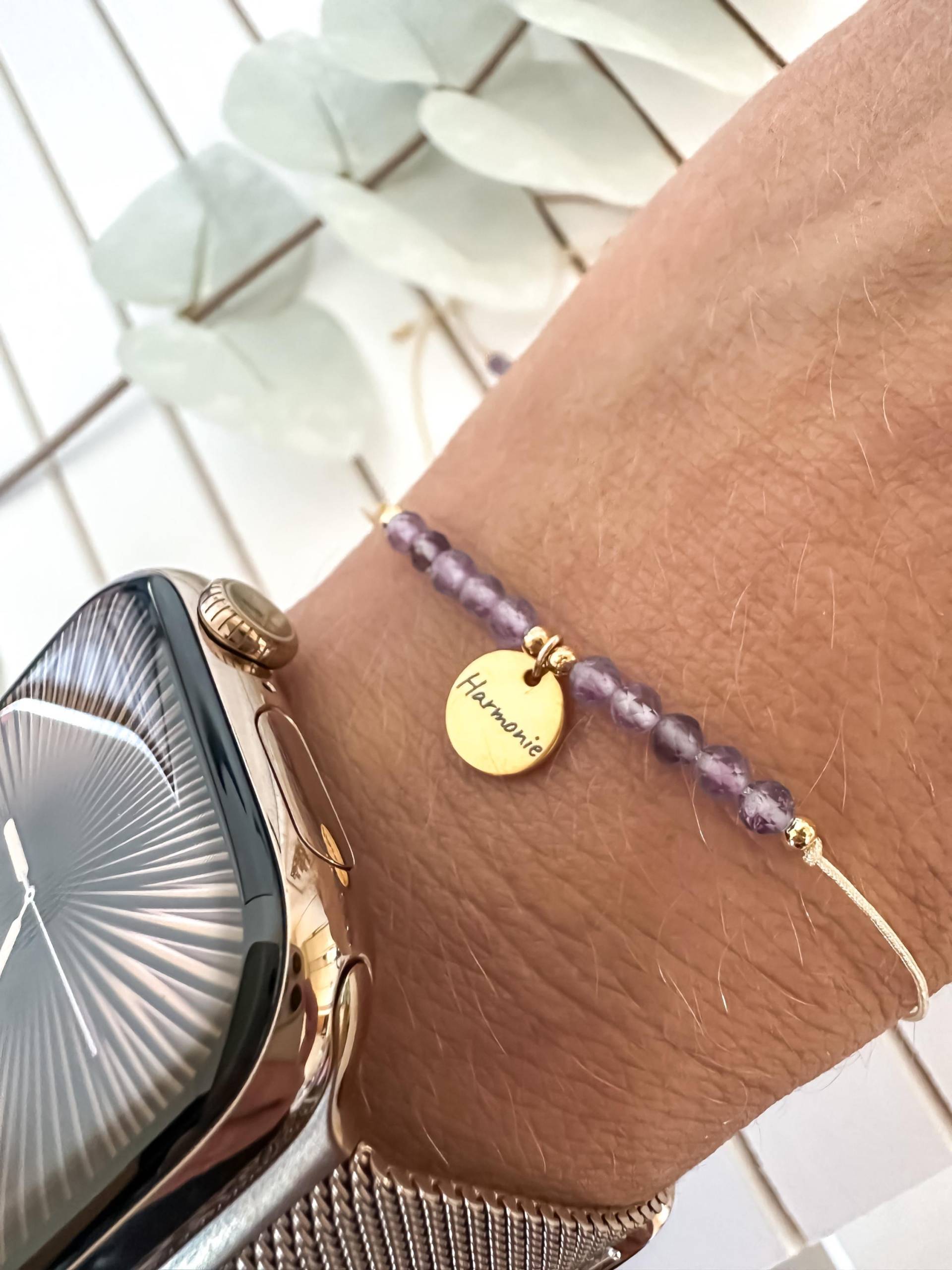 Harmonie Amethyst Armband, Innere Ruhe, Balance, Affirmation, Hilfe Bei Angst Stress, Vergoldet, Personalisierbar, Benutzerdefiniert, Gravur von Liebeliin
