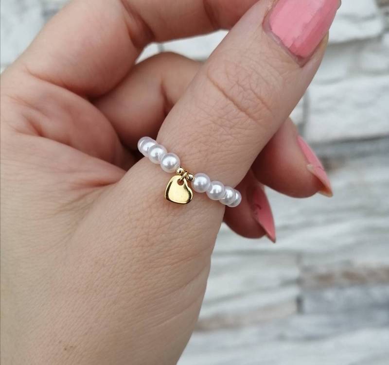 Perlen Trend Ringe, Herz Anhänger Ring, Perlen, Stapelringe, Stretch Weiß, Gold, Geschenk, Beste Freundin, Set Mit 2 Oder Einzeln, Top von Liebeliin