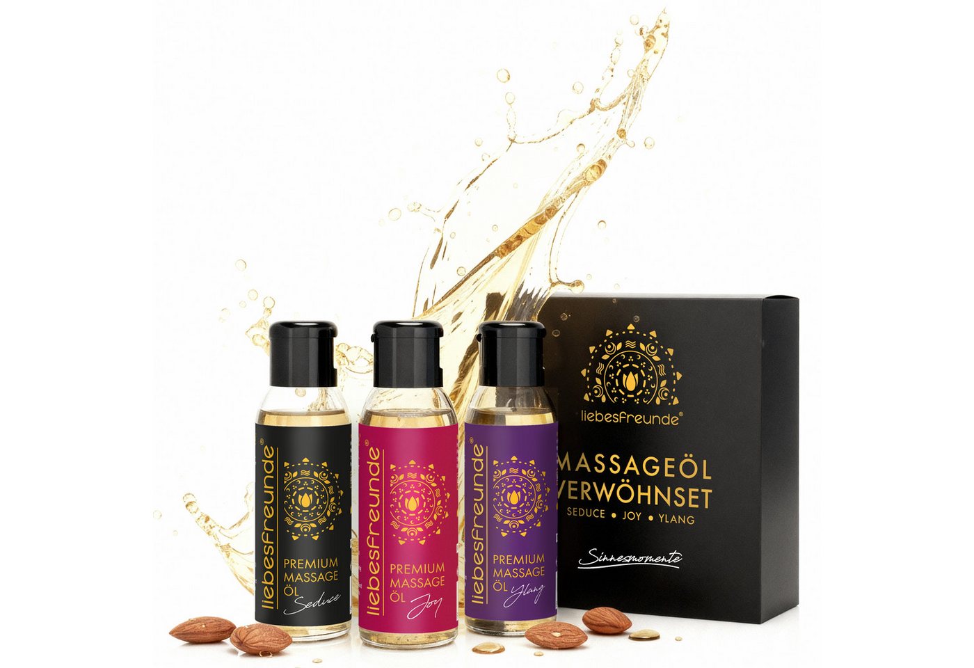 Liebesfreunde Massageöl Sinnliches Massageöl Geschenkset zur Entspannung, Massage Geschenk Set, mit Provitamin B5 (3 x 50 ml) von Liebesfreunde