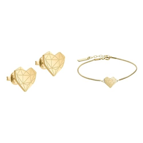 Liebeskind Damen-Ohrstecker Edelstahl LJ-0308-E-11 & Damen Armband Herz Edelstahl Silber 20 cm (gold) von Liebeskind
