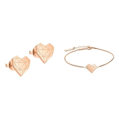 LIEBESKIND Damen-Ohrstecker Edelstahl LJ-0309-E-11 & Damen Armband Herz Edelstahl Silber 20 cm (roségold) von Liebeskind