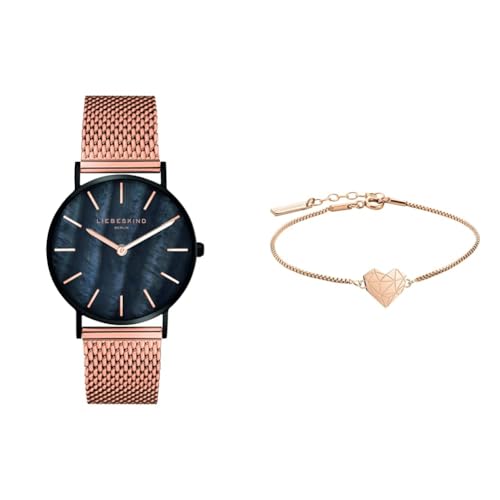 Liebeskind Damen Analog Quarz Armbanduhr mit Edelstahlarmband LT-0145-MQ & Damen Armband Herz Edelstahl Silber 20 cm (roségold) von Liebeskind