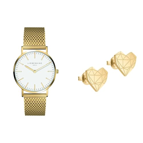 Liebeskind Damen Analog Quarz Uhr mit Edelstahl, IP Gold-weiß & Damen-Ohrstecker Edelstahl LJ-0308-E-11 von Liebeskind
