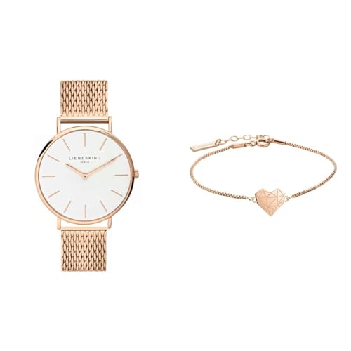 Liebeskind Damen Analog Quarzuhr 38 mm & Damen Armband Herz Edelstahl Silber 20 cm (roségold) von Liebeskind