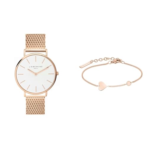 Liebeskind Damen Analog Quarzuhr 38 mm & LJ-0511-B-20 Damen Armband Herz Edelstahl Rose 20 cm von Liebeskind