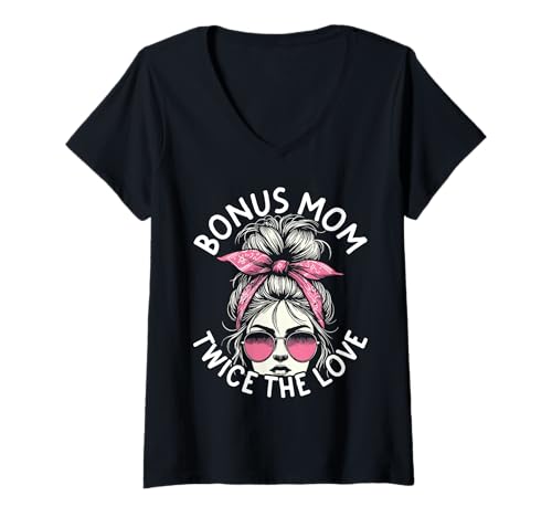 Damen Bonus Mama Mit doppelter Liebe für Stiefmutter T-Shirt mit V-Ausschnitt von Liebevolle Bonus Mama und Stiefmutter Bekleidung