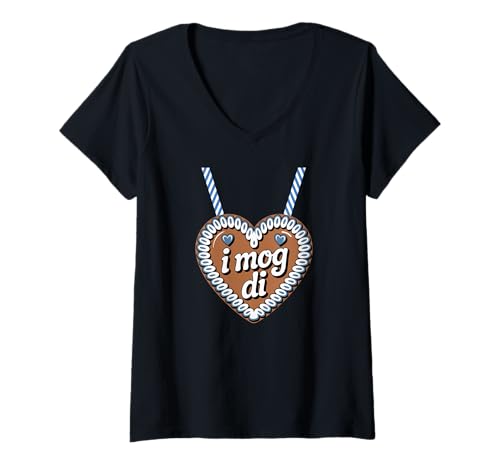 Damen I mog di Lebkuchenherz Spruch Liebe T-Shirt mit V-Ausschnitt von Liebevolles Bayerisches Herz Lebkuchen