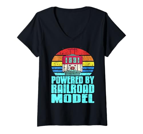 Damen Angetrieben von Modelleisenbahn Retro Look T-Shirt mit V-Ausschnitt Damen Angetrieben von Modelleisenbahn Retro Look T-Shirt mit V-Ausschnitt von Liebhaber Miniaturzüge und Gleisbau