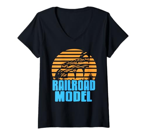 Damen Retro Sonnenuntergang Modelleisenbahn Szene T-Shirt mit V-Ausschnitt Damen Retro Sonnenuntergang Modelleisenbahn Szene T-Shirt mit V-Ausschnitt von Liebhaber Retro Bahn Miniaturmodell