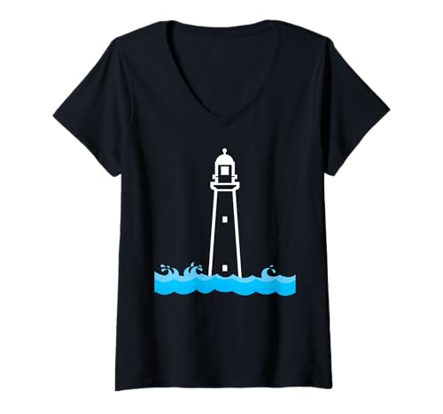Damen Minimalistischer Leuchtturm Maritimes Küstenthema T-Shirt mit V-Ausschnitt Damen Minimalistischer Leuchtturm Maritimes Küstenthema T-Shirt mit V-Ausschnitt von Liebhaber des Meeres & Nautischer Stil