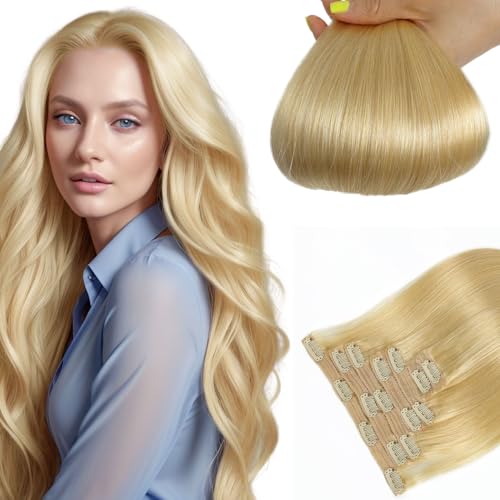LieblichWelle Clip In Extensions Echthaar Blond 35cm 7Stück 70g, Salon-Klasse Qualität, Einfaches und Angenehmes Tragen für Frauen (Gebleichtes Blond, 35cm-70g) von LieblichWelle