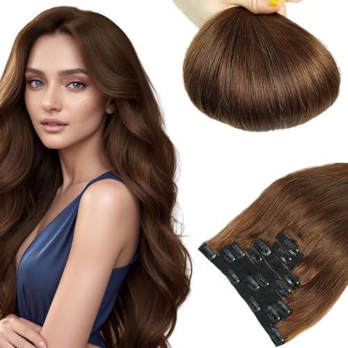 LieblichWelle Clip In Extensions Echthaar Braun 35cm 7Stück 70g, Salon-Klasse Qualität, Einfaches und Angenehmes Tragen für Frauen (Braun, 35cm-70g) von LieblichWelle