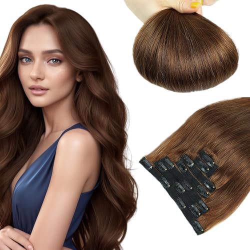 LieblichWelle Clip In Extensions Echthaar Braun 40cm 7Stück 70g, Salon-Klasse Qualität, Einfaches und Angenehmes Tragen für Frauen (Braun, 40cm-70g) von LieblichWelle