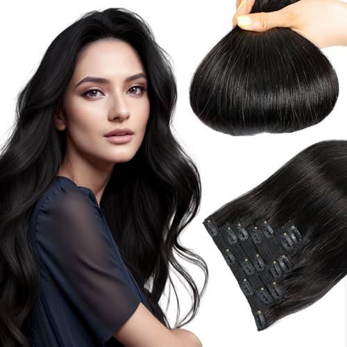 LieblichWelle Clip In Extensions Echthaar Off Schwarz 50cm 7Stück 80g, Salon-Klasse Qualität, Einfaches und Angenehmes Tragen für Frauen (Off Schwarz, 50cm-80g) von LieblichWelle